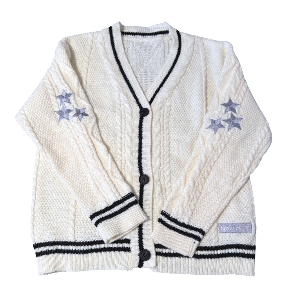 Taylor Swift Folklore Style Cardigan Womens S Cream Cable Knit Purple Star Patch